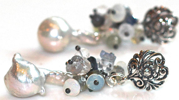 Iridescent Luxe Silver Flameball Pearl Ethiopian Opal Grey Sapphire White Topaz Oxidized Bali Silver Dangle Earrings