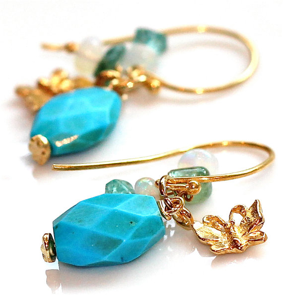 Sleeping Beauty Turquoise Butterfly Charm Ethiopian Opal Tourmaline Nuggets Gold Vermeil Dangle Earrings