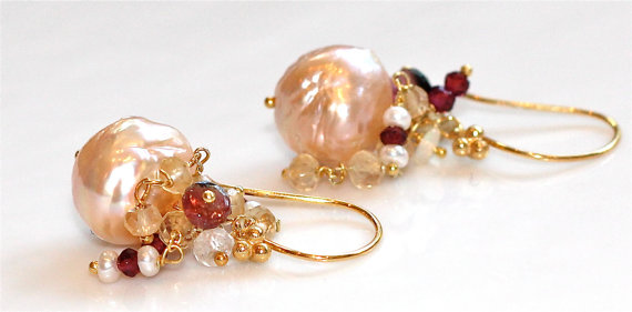 Chinese Kasumi Style Pearl White Topaz Garnet Rondelle Ethiopian Opal Pink Tourmaline Dangle Gold Vermeil Earrings