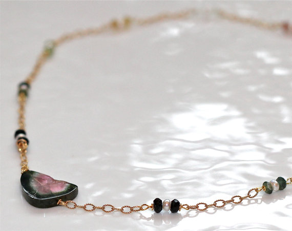 Watermelon Tourmaline Slice Freshwater Pearl Gold Filled Chain Necklace Summer Jewelry