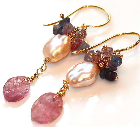 Hammered Tourmaline Oval Briolette Freshwater Pearl Rough Spinel Sapphire Gold Vermeil Dangle Earrings