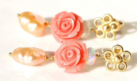 Upcycled Coral Flower Ethiopian Opal 14k Gold Blush Freshwater Pearl Dangles