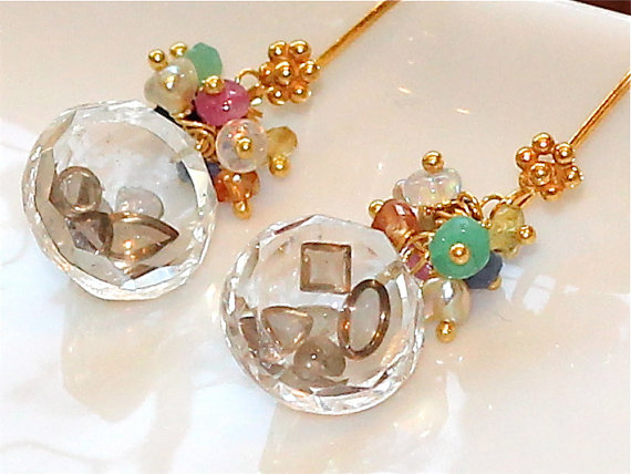 Shake It Up Rock Crystal Quartz Gemstone Emerald Ruby Sapphire Keshi Pearl Dangle Gold Vermeil Earrings