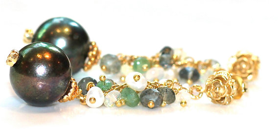 Natural Green Tahitian Pearl Luxe Gemmy Gold Vermeil Tourmaline Opal Keshi Pearl Dangle Earrings