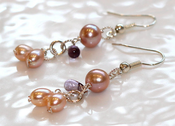 Shimmery Blush Freshwater Pearl And Purple Teardrop Silver Twisted Dangle Earrings