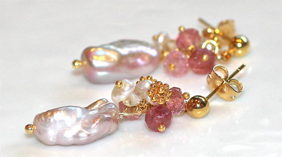 Shimmery Baroque Pearl Keshi Pearls Pink Tourmaline Gold Vermeil Dangle Earrings