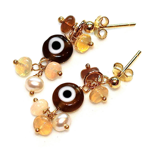 I Am Giving You The Opalescent Evil Eye Dangle Millefiori Amber Opal Gold Vermeil Pearl Earrings