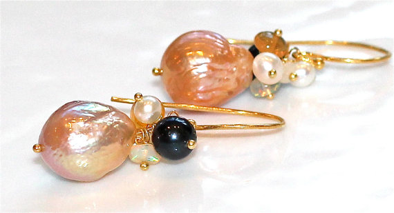 Shimmery Kasumi Style Pearl Ethiopian Opal Gold Vermeil Dangle Earrings