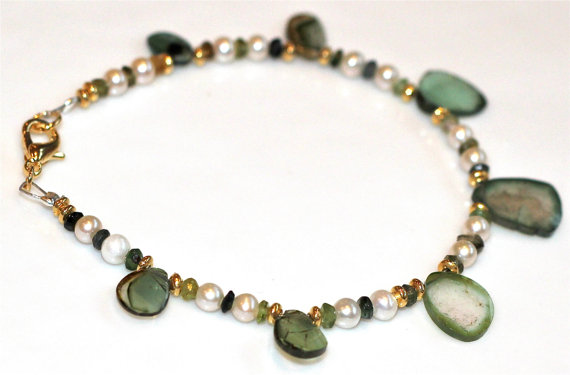 Green With Envy Watermelon Tourmaline Slice And Freshwater Pearl Gold Bali Vermeil Bracelet