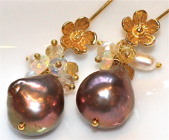 Purple Pondslime And Keshi Freshwater Pearl Ethiopian Opal Dangle Gold Vermeil Earrings