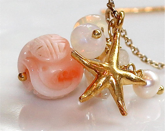 Beachy Angelskin Hand Carved Coral Gold Vermeil Starfish Ethiopian Opal Freshwater Pearl Dangle Ear Thread Earrings
