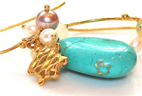 Sleeping Beauty Turquoise Golden Vermeil Freshwater Pearl Ethiopian Opal Turtle Dangle Earrings