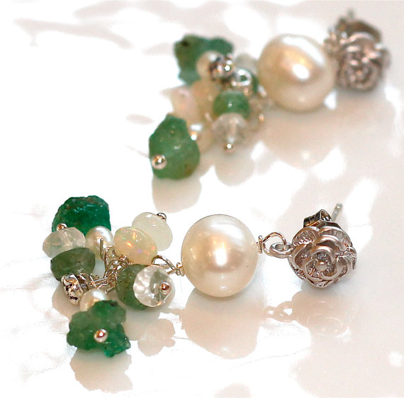 Luxe Precious Emerald Freshwater Pearl Ethiopian Opal Dangle Silver Rose Earrings