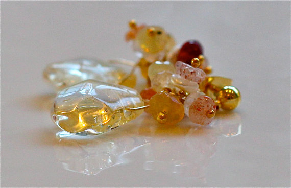 Lovely Citrine Nugget And Gemmy Oregon Sunstone Keshi Pearl Gold Vermeil Dangle Earrings