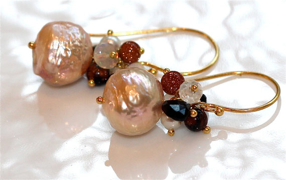 Gorgeous Kasumi Style Pearl And Gemstone Ethiopian Opal Firestone Tourmaline Dangle Gold Vermeilearringss