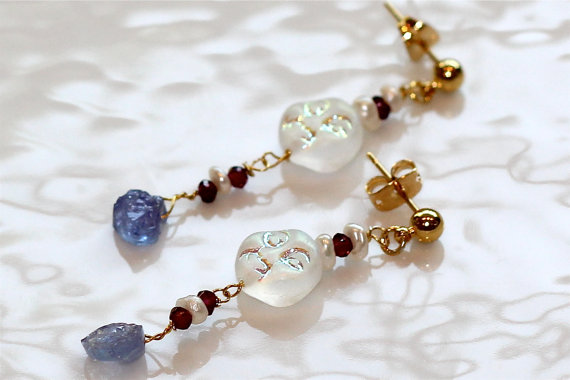 Send Me To The Moon Hammered Iolite Garnet Iridescent Freshwater Pearl Gold Vermeil Dangle Earrings
