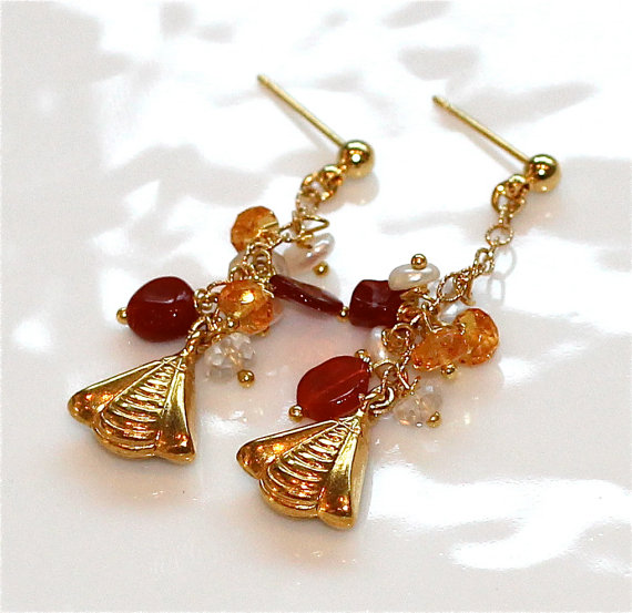 Honeybee Mexican Fire Opal Mandarin Garnet Orange Keshi Pearl White Topaz Gold Vermeil Chain Dangle Earrings
