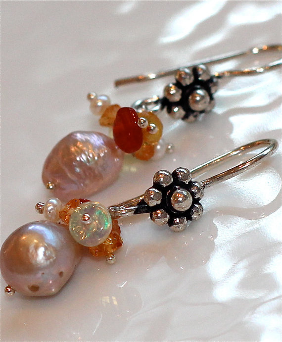 Shimmery Freshwater Creamy Pearl And Fiery Mexican Ethiopian Opal Mandarin Garnet Orange Bali Silver Dangle Earrings
