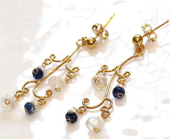 Awesome Blue Kyanite And White Topaz Keshi Pearl Gold Vermeil Chandelier Dangle Earrings