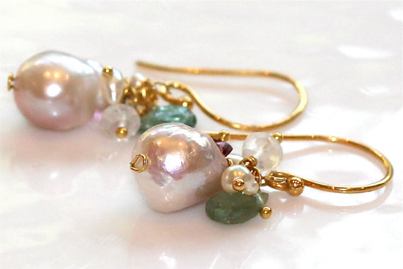 Nucleated Iridescent Freshwater Pearl Gemmy Green Tourmaline White Topaz Gold Vermeil Dangle Earrings