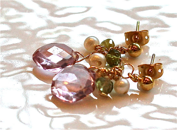Pink Topaz Faceted Hexagon And Gemmy Green Tourmaline Pearl Peridot Gold Vermeil Dangle Earrings