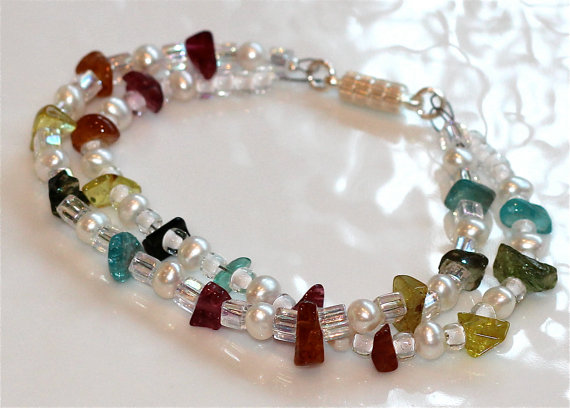 Rainbow Tourmaline Nugget And Pearl Iridescent Crystal Beaded Bracelet