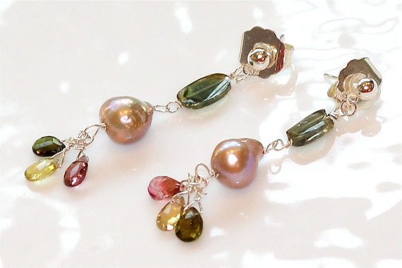 Blush Freshwater Nucleated Flameball Pearl Silver Dangle Earrings With Green Yellow Pink Tourmaline Briolettes